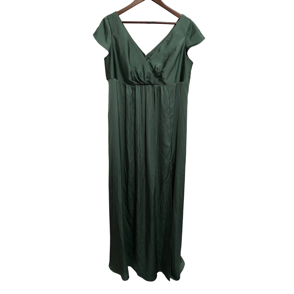 Azazie Green Satin Formal Cap Sleeve Maxi Dress 18 Wedding Guest Bridesmaid Gala - Picture 2 of 13